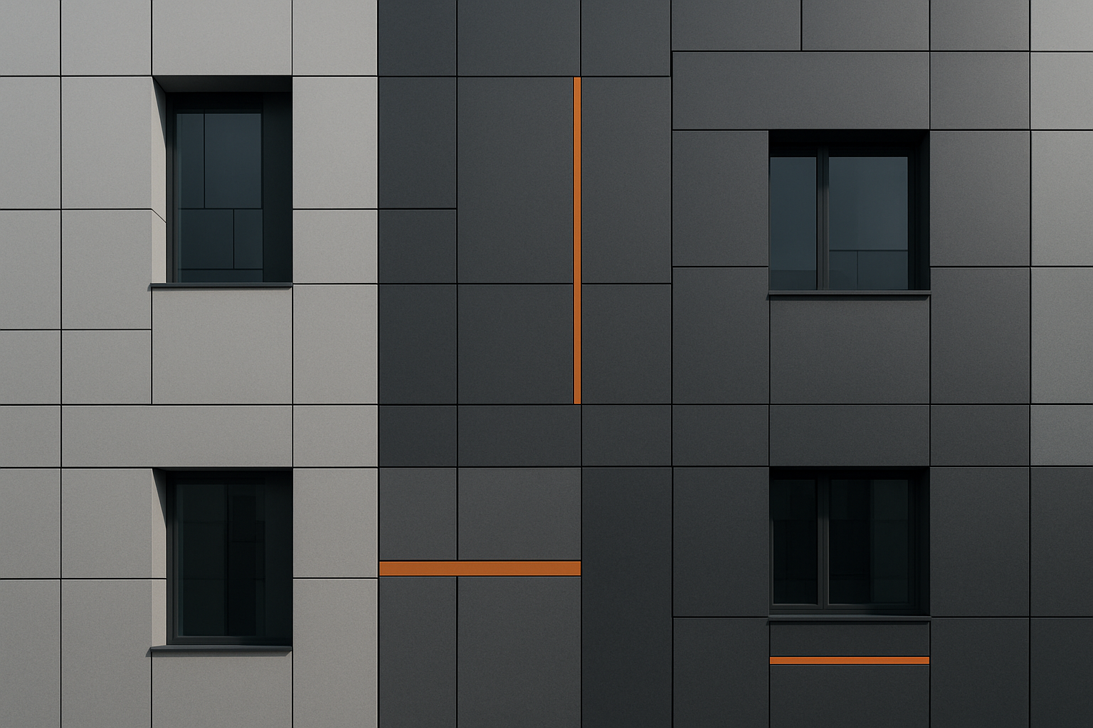 Contemporary urban facade with orange accent panels