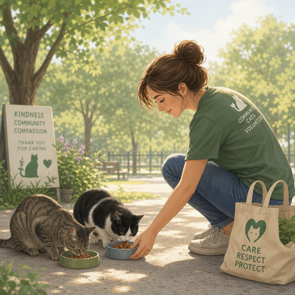 Soft illustration of a volunteer gently feeding two community cats near a leafy park, with warm natural tones and a calm, caring mood