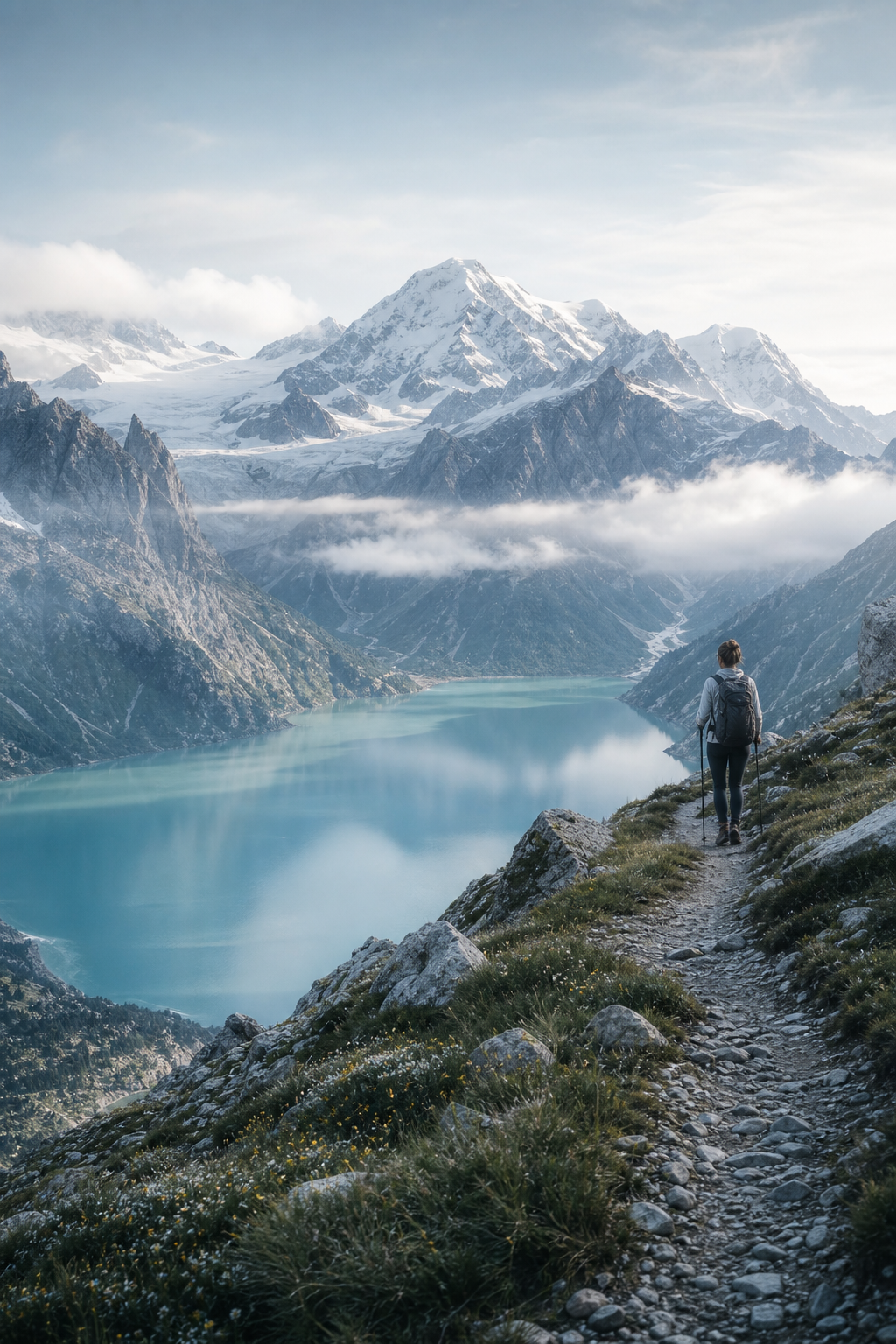Panoramic alpine hiking trail overlooking a turquoise mountain lake with distant snow-capped peaks