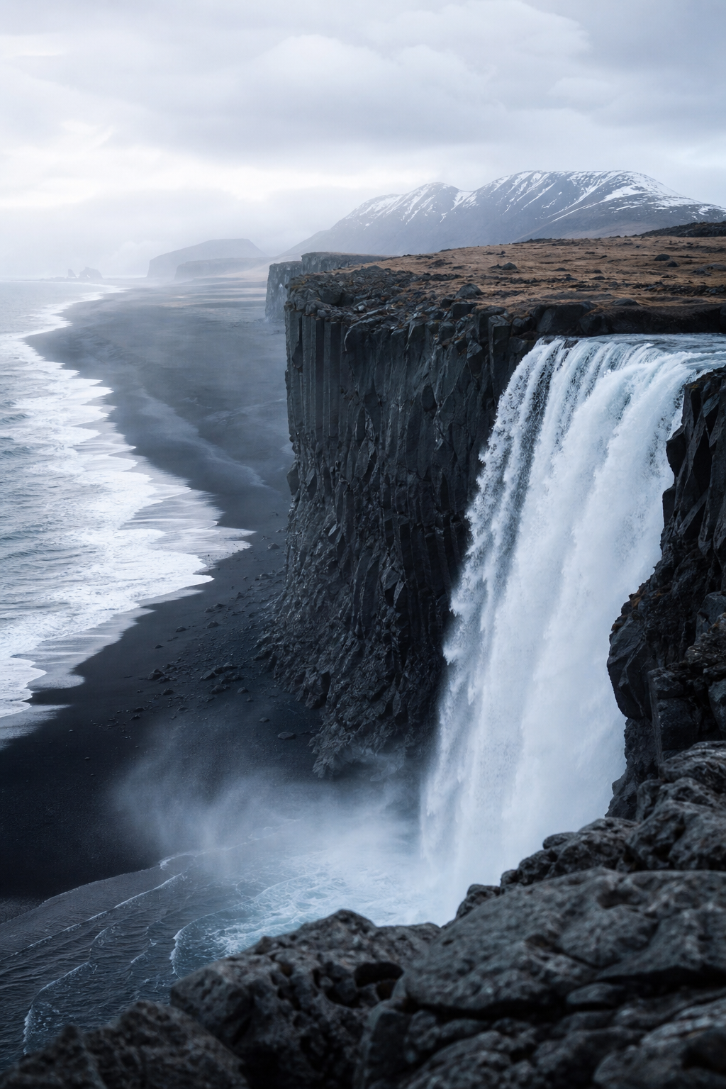 Icelandic waterfall cascading over black volcanic rock beside a misty coastal road
