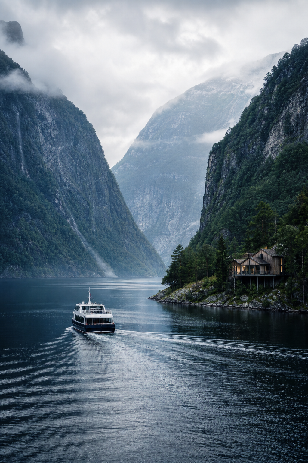 Norwegian fjord cruise ship passing steep green cliffs with a design-forward wooden lodge on the shore