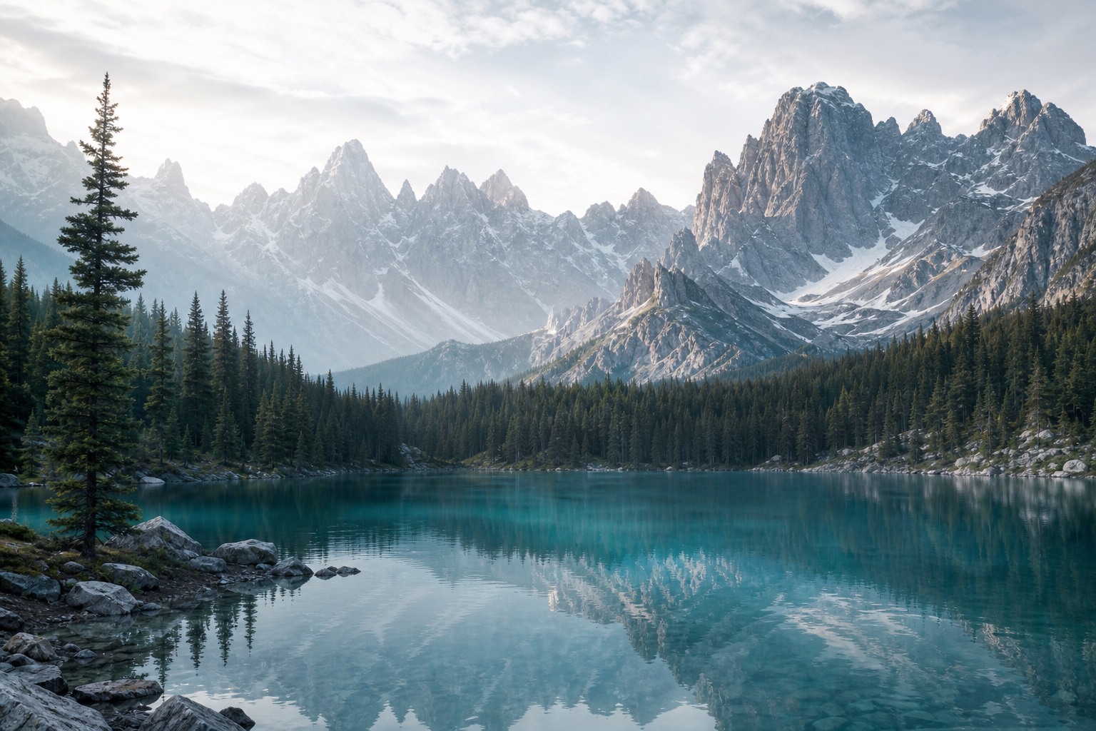 Turquoise alpine lake at dawn framed by pine forest and distant mountain peaks