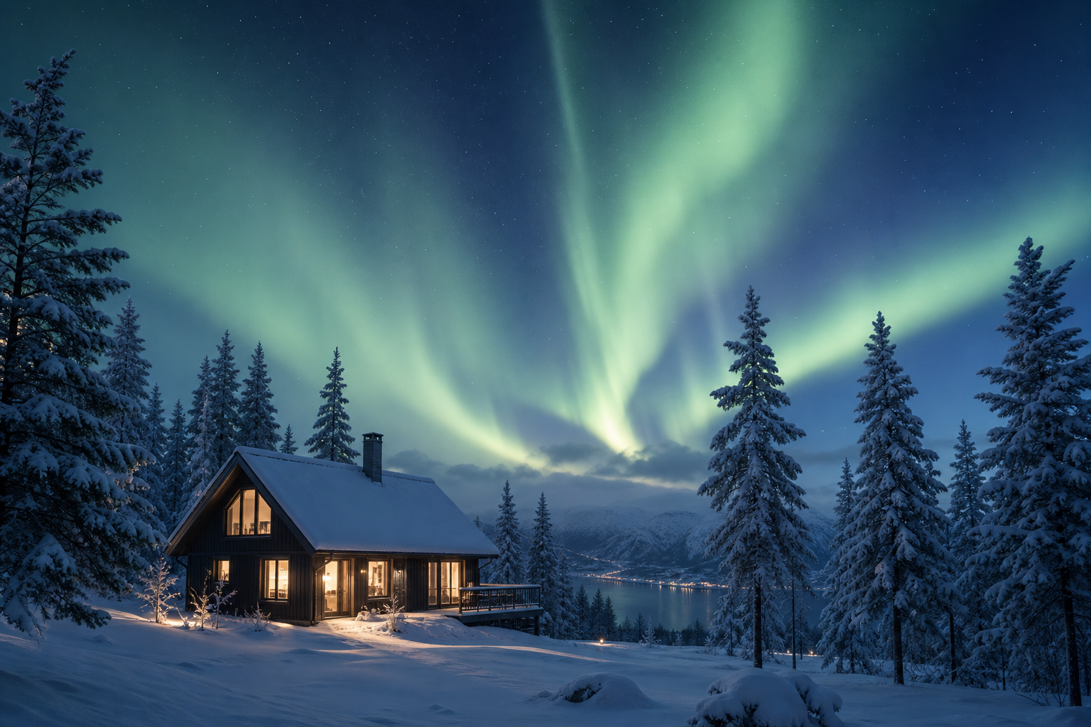 Aurora borealis glowing above a quiet Nordic lodge surrounded by snow-covered forest