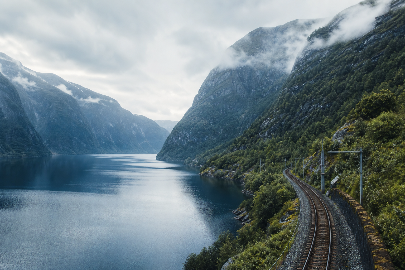 Scenic railway winding along a deep blue Norwegian fjord surrounded by mountains
