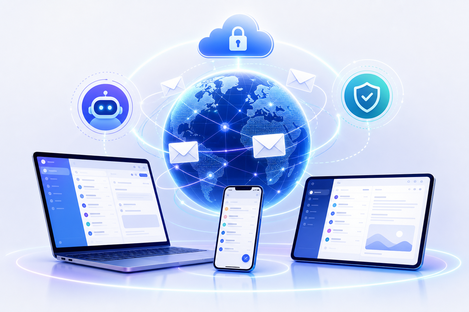 Luminous vector-style globe with orbiting envelopes, secure cloud, AI assistant icon, pulsing sync lines, and connected laptop, phone, and tablet