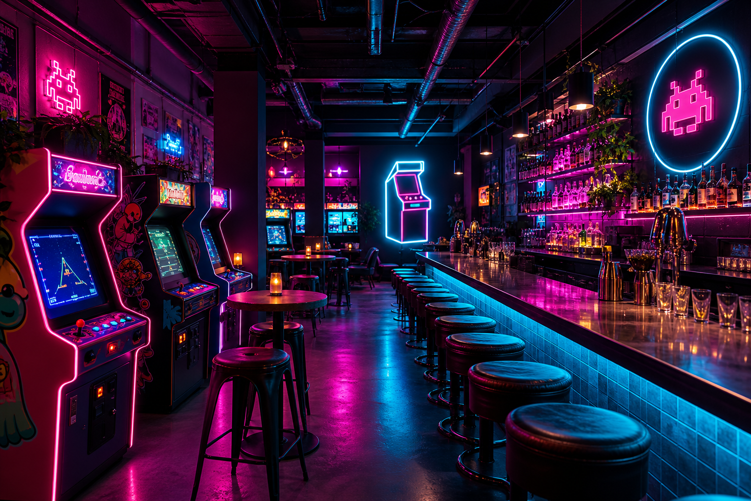 Wide interior view of Pixel Pulse with glowing arcade cabinets, neon magenta and cyan light, and a polished bar lined with stools