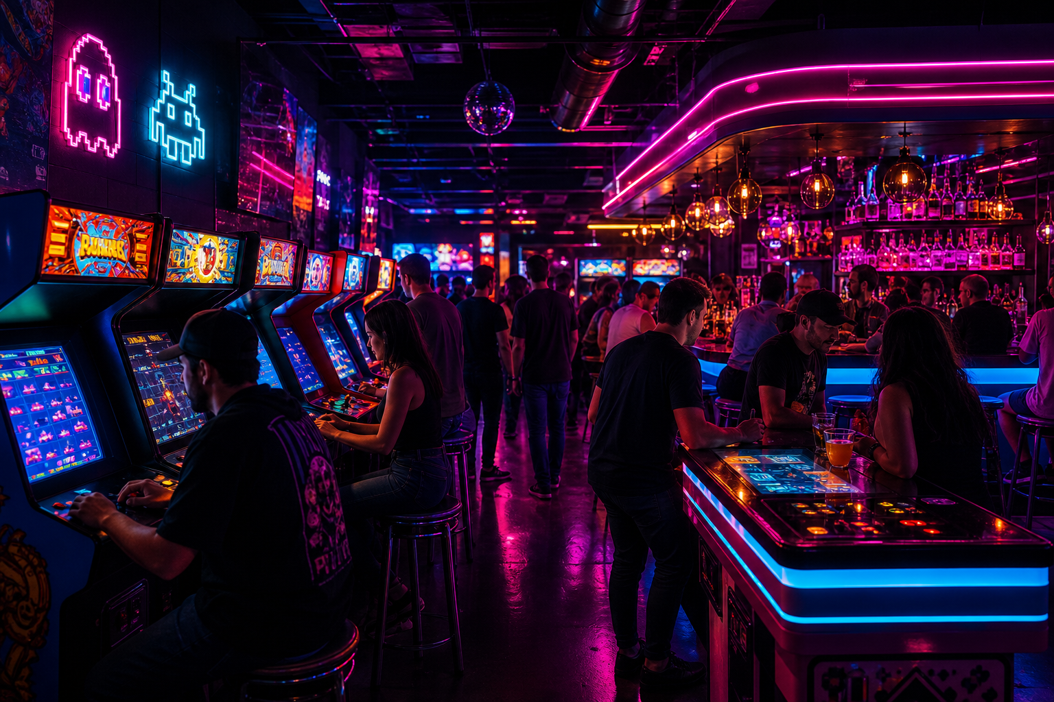 Crowded retro arcade bar with glowing neon cabinets, magenta and cyan lighting, and a sleek cocktail bar in the background
