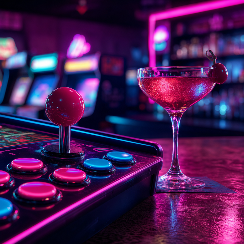 Close-up of a glowing arcade joystick and drink glass illuminated by cyan and magenta neon