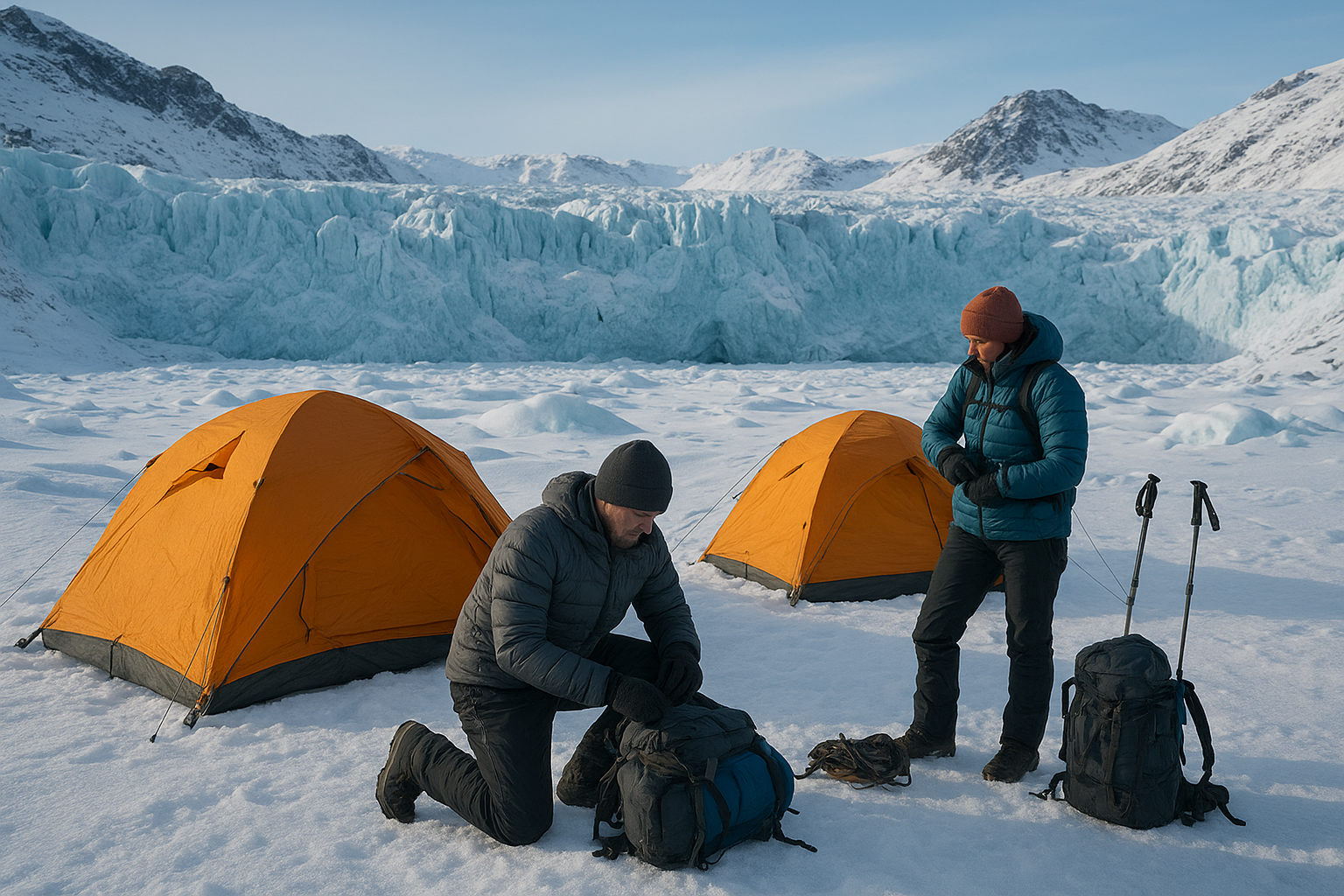 A remote Arctic camp on snow with expedition tents, gear, and two bundled explorers preparing equipment beside a glacier