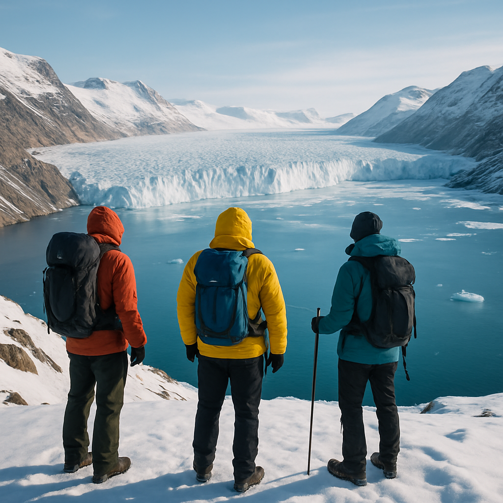 Two bundled explorers standing on a snowy ridge with trekking poles, looking across a glacier in Greenland