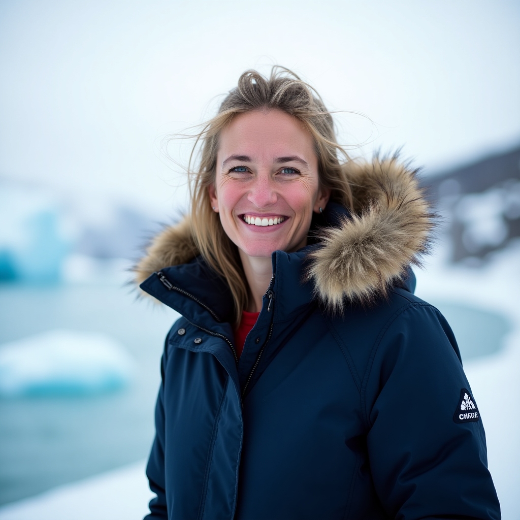 Portrait of a smiling woman in a navy parka with a fur-trimmed hood standing against an icy coastline