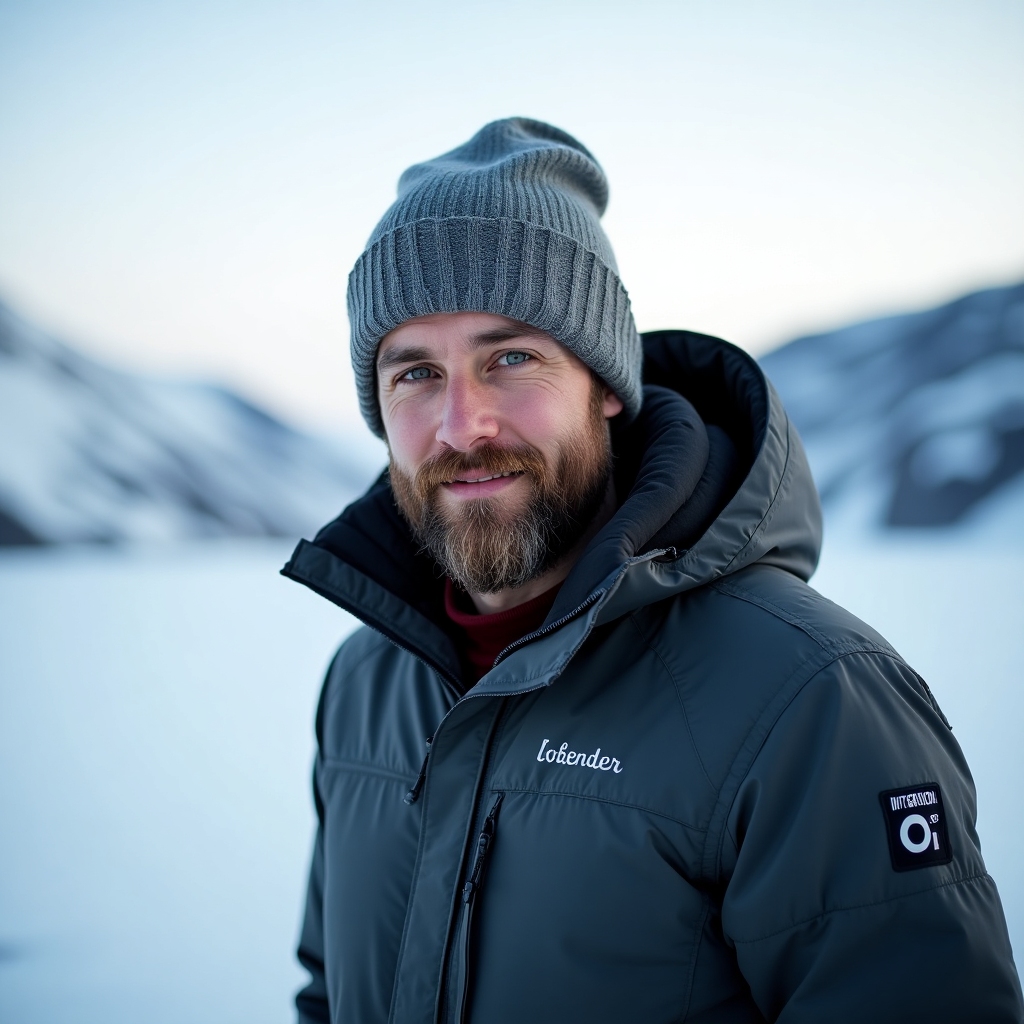 Portrait of a bearded man in a charcoal expedition jacket with a knit beanie, snowy mountains behind