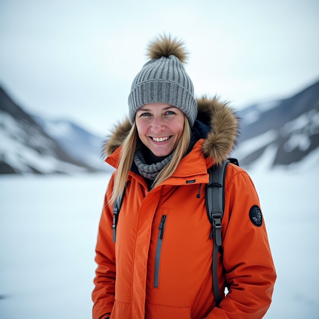 Portrait of a woman wearing a bright orange insulated jacket and braided hair, standing in a snowy valley