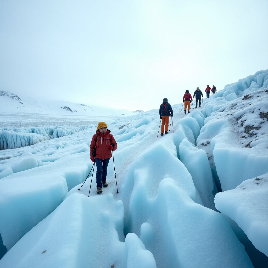 Guide leading a small group across a blue glacier with ice ridges and snowfields under a bright polar sky