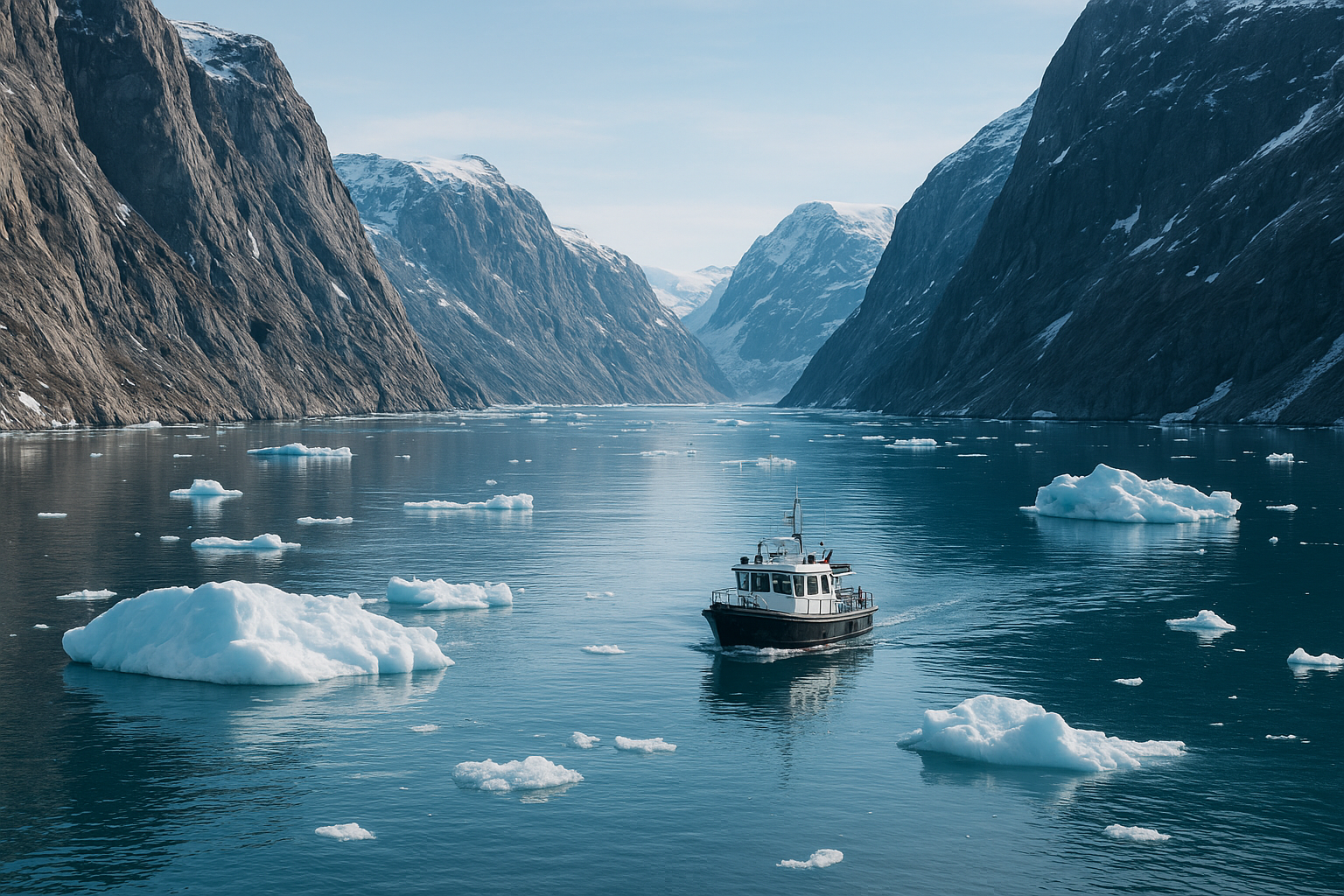 A small expedition boat traveling through a dramatic Greenland fjord with towering icy cliffs and floating icebergs under crisp daylight