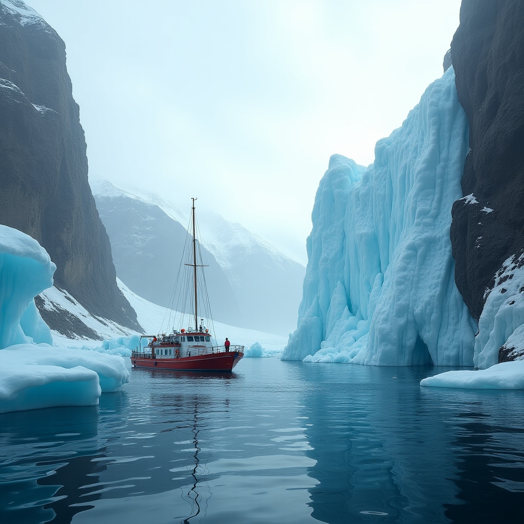 Expedition boat navigating a fjord beside towering white icebergs and deep teal water