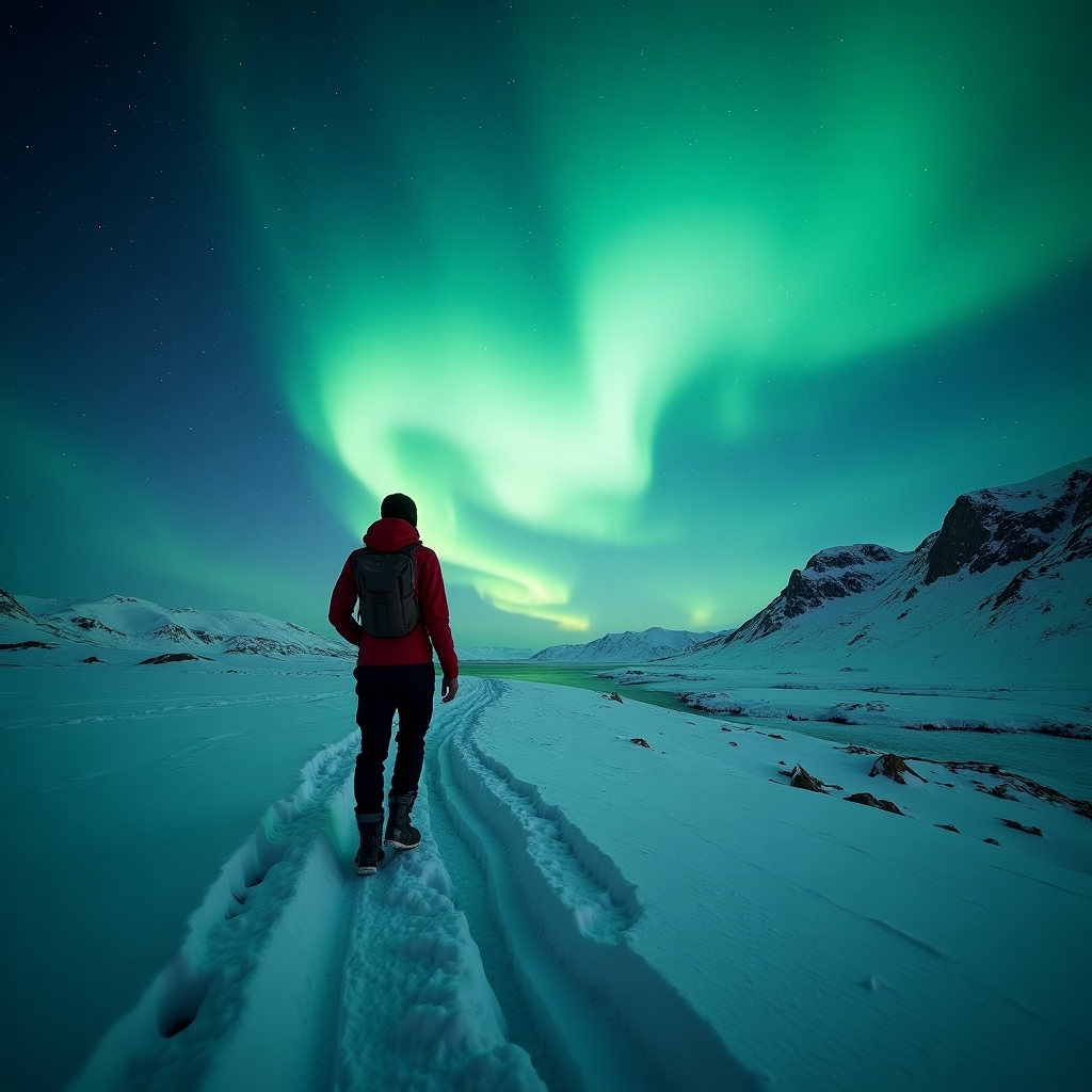 Traveler standing on a snowy ridge watching vivid green northern lights over a dark Arctic landscape