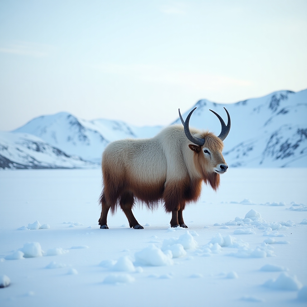 Arctic wildlife scene with a distant musk ox grazing on a snowy tundra plain and mountains behind