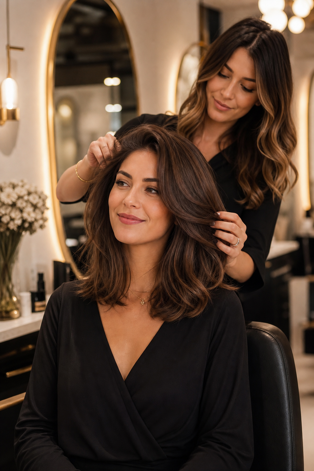 Refined salon styling moment with a confident woman receiving a polished hair finish in a calm, elegant beauty studio