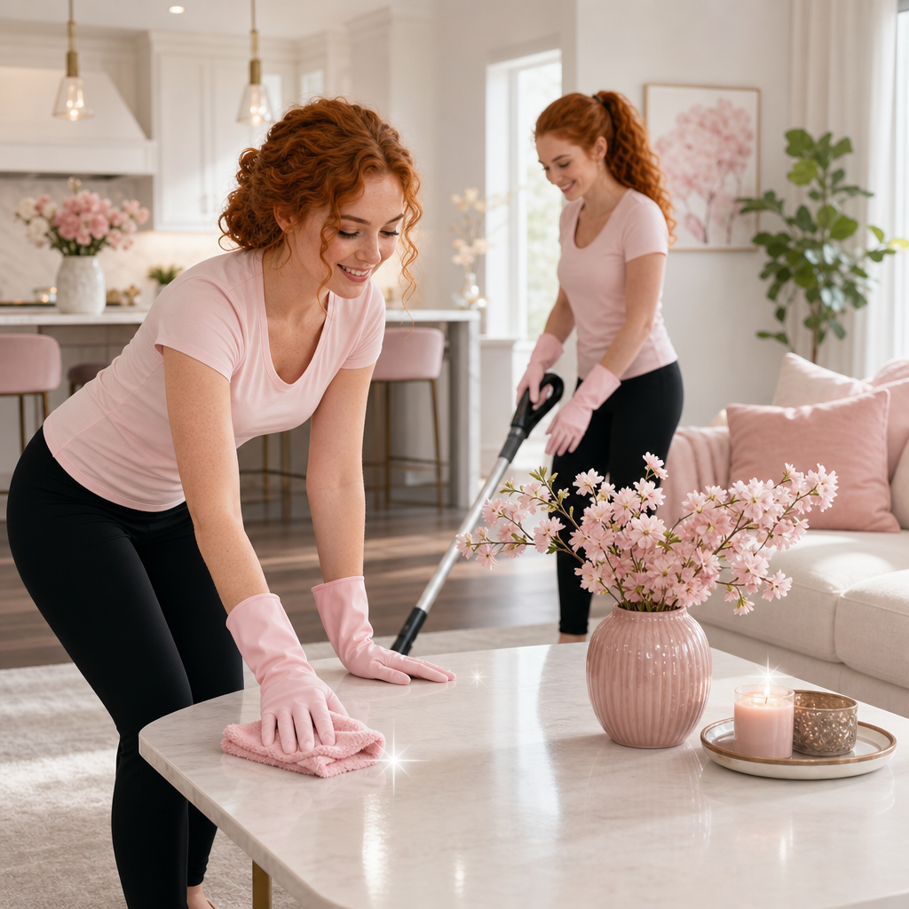 Two professional cleaners in soft pink uniforms polishing a bright, modern living room with sparkling surfaces