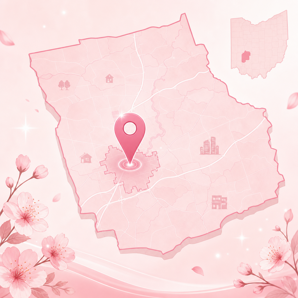 Soft pink illustrated map of Butler County with a pin marking Middletown, Ohio
