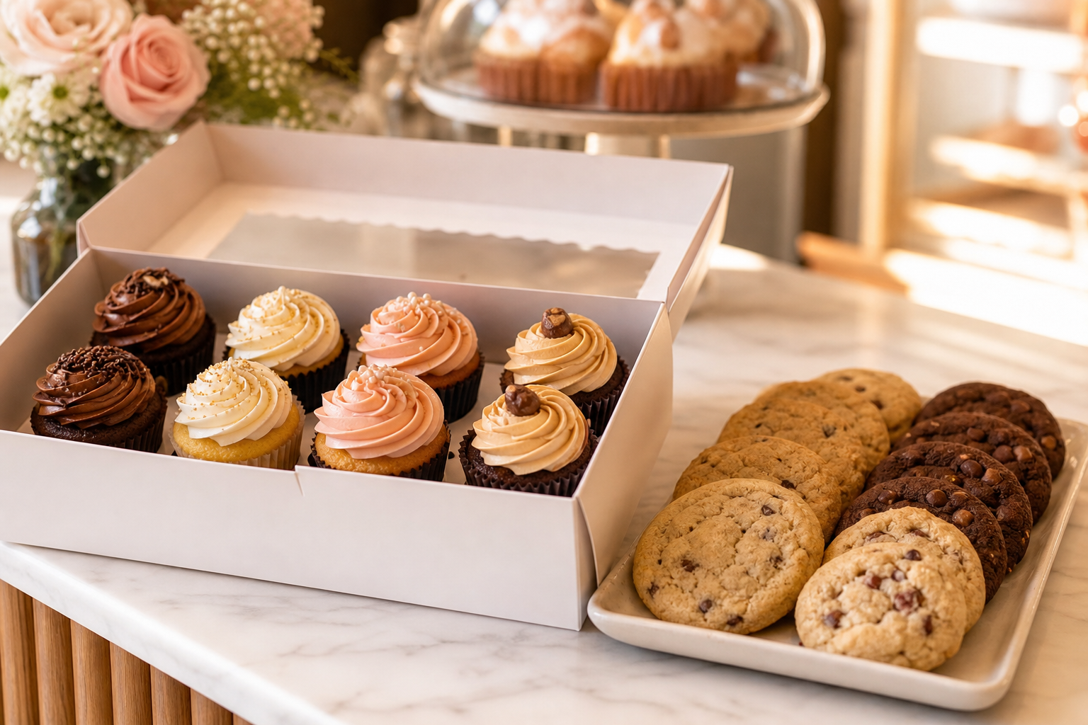 Elegant bakery countertop with a boxed assortment of frosted cupcakes and cookies, softly lit in warm natural light