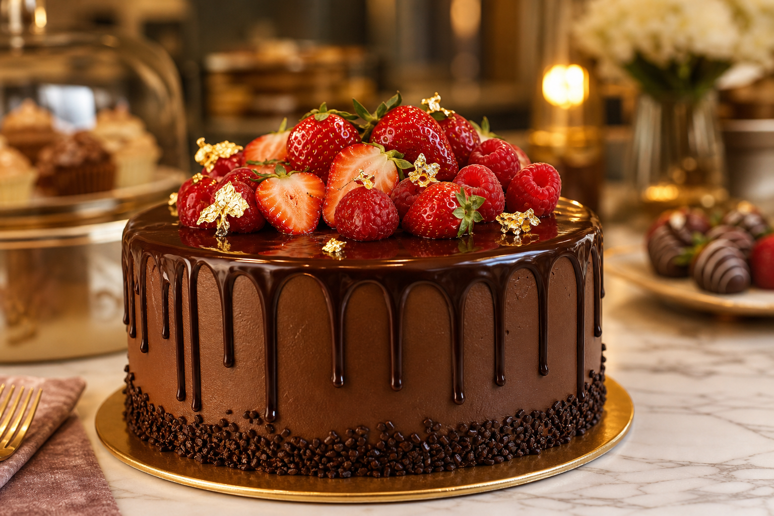 Close-up of a glossy chocolate drip cake topped with fresh berries and gold accents on a marble counter