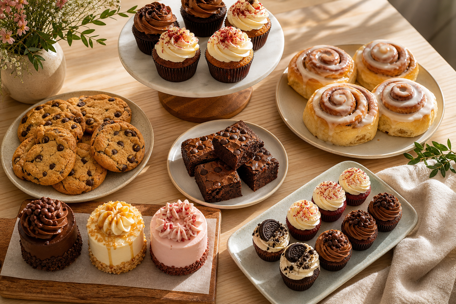 Warm bakery box with cookies, brownies, cupcakes, cinnamon rolls, and mini cakes arranged elegantly