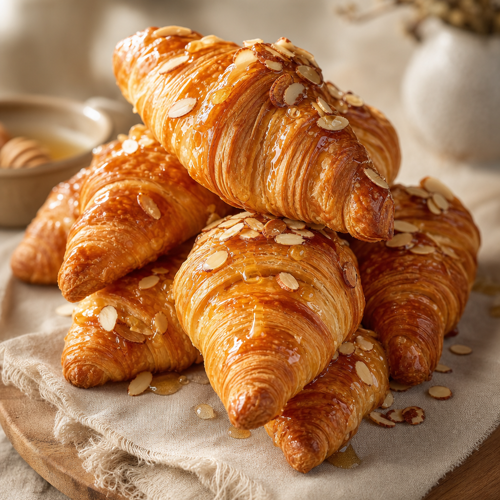 Stack of flaky butter croissants with honey glaze and toasted almond flakes on a linen-lined board