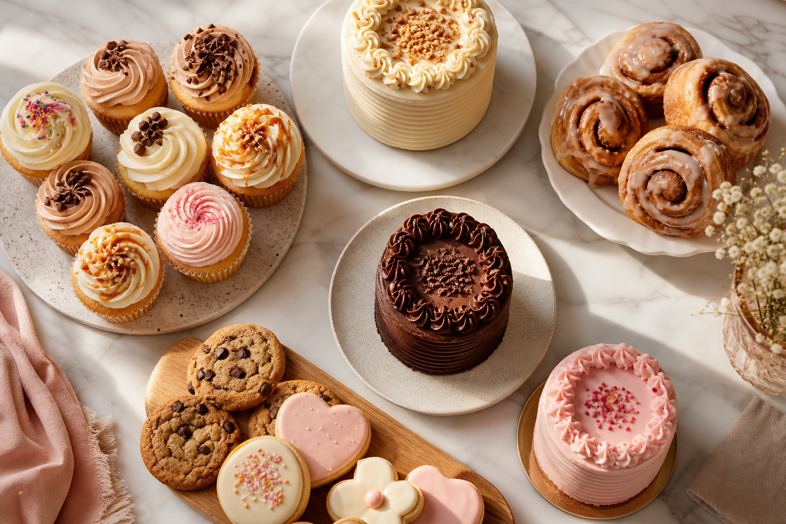 Editorial overhead of assorted bakery items including frosted cupcakes, mini cakes, cinnamon rolls, and cookies arranged on a warm marble table with soft window light