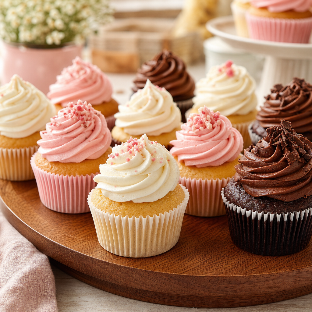 Assorted cupcakes with vanilla, strawberry, and chocolate swirled buttercream in pastel wrappers on a wooden tray
