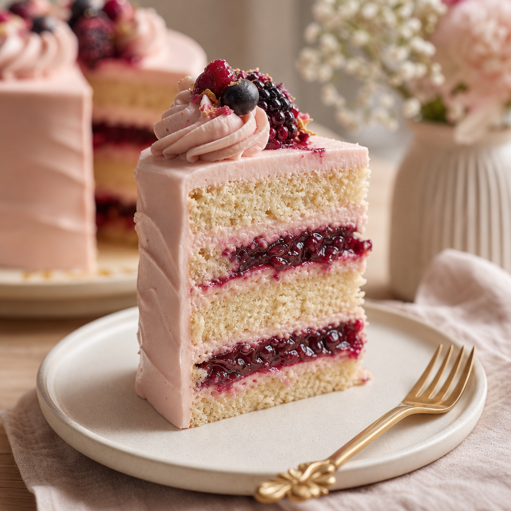 Close-up of a blush-toned buttercream cake slice with layered sponge, glossy berry filling, and a delicate gold fork on a linen napkin