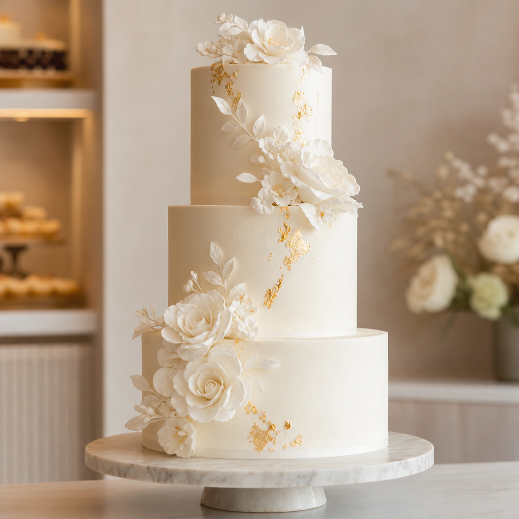 Elegant three-tier ivory wedding cake with delicate sugar florals and gold accents on a marble stand