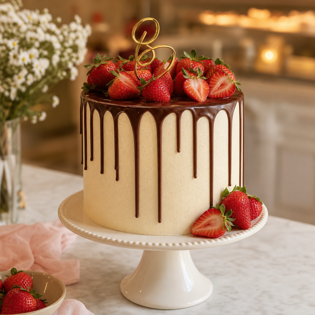 Tall vanilla drip cake with glossy chocolate drip, fresh strawberries, and gold cake topper on a ceramic stand