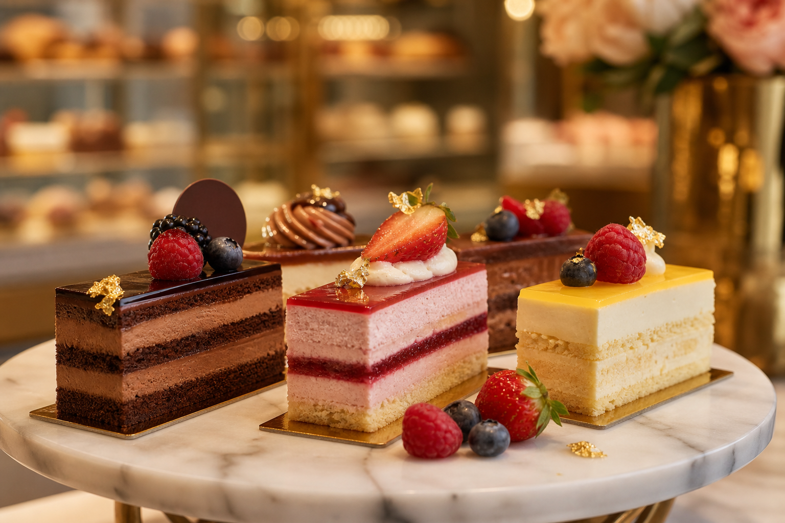 Elegant layered dessert slices with gold accents and fresh berries on a marble platter, softly lit with warm bakery lighting