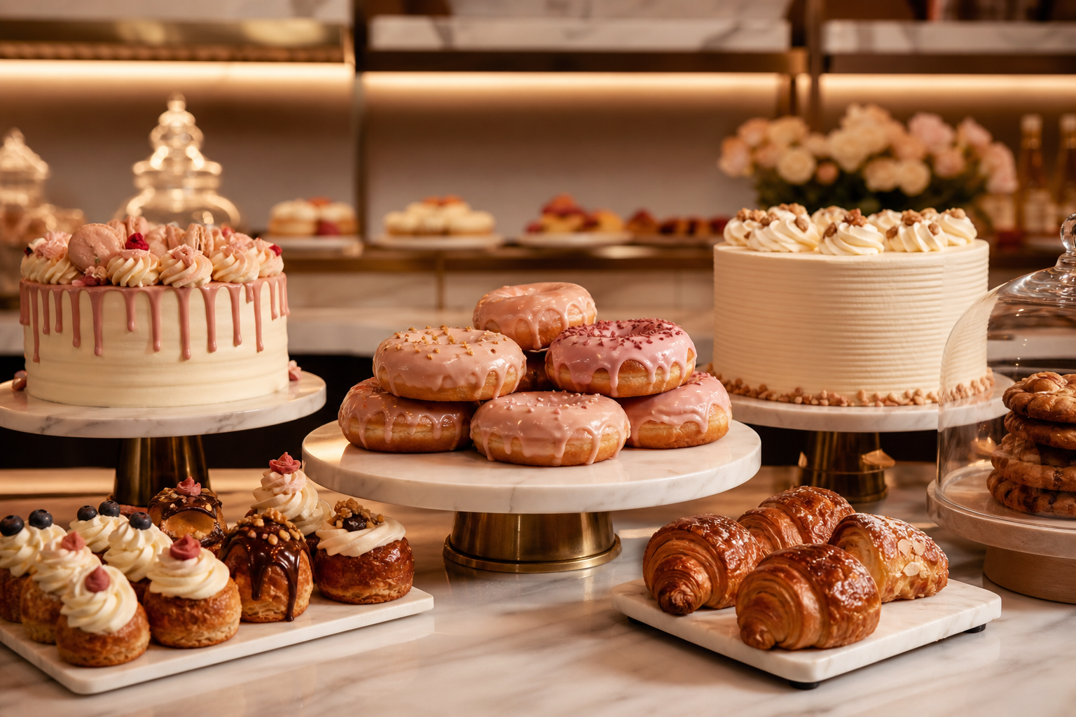 Elegant bakery display with glazed pastries and frosted cakes under warm lighting