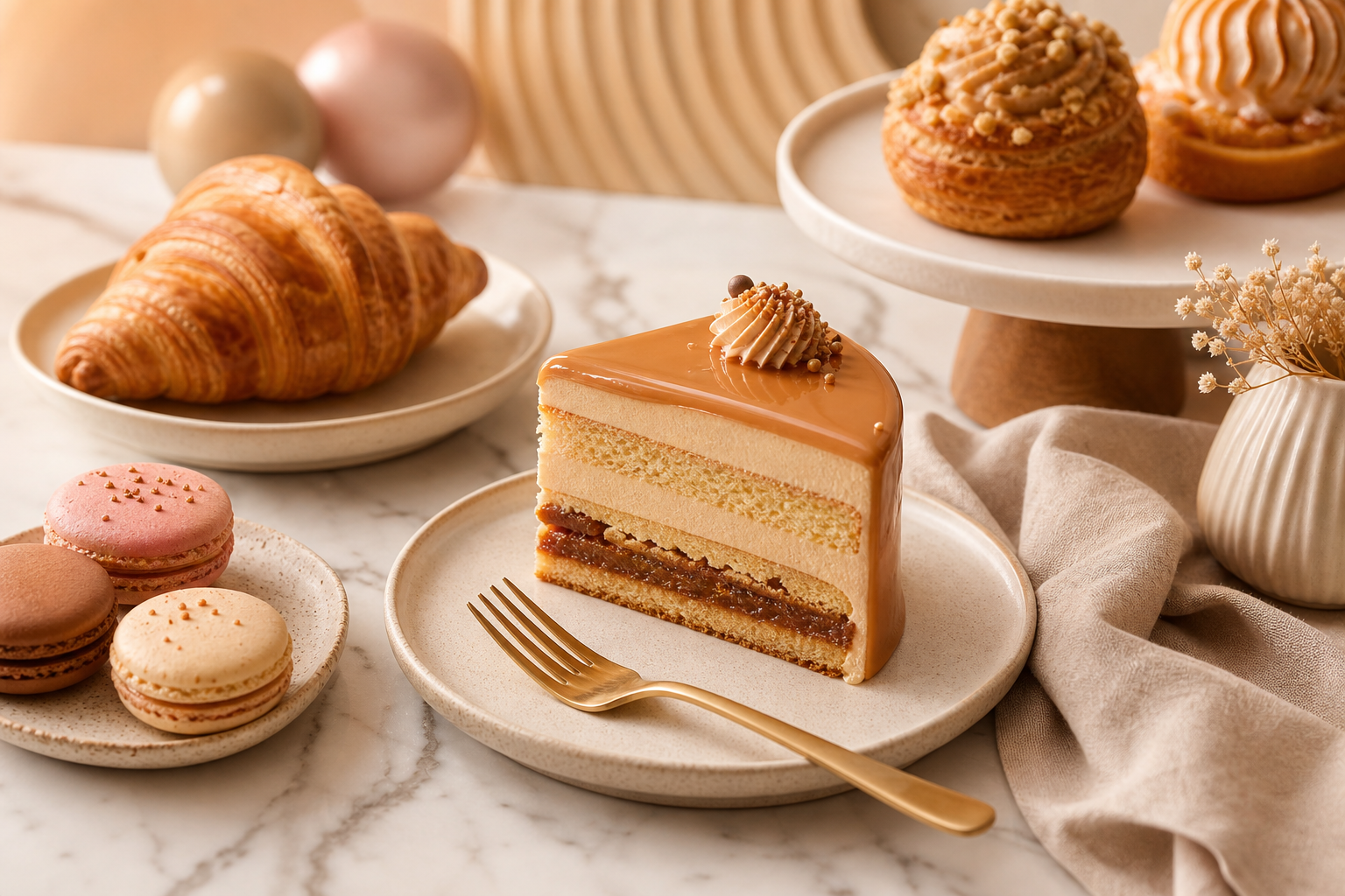 Elegant bakery still life with a glazed cake slice, artisan pastries, and soft linen styling on a marble counter