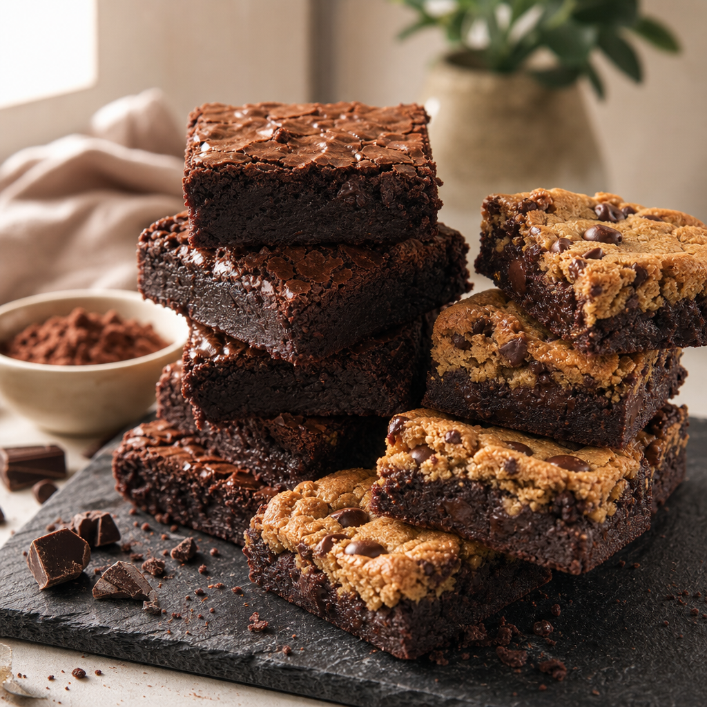 Stack of fudgy brownies and cookie-topped brookies with rich cocoa crumbs on a dark slate board