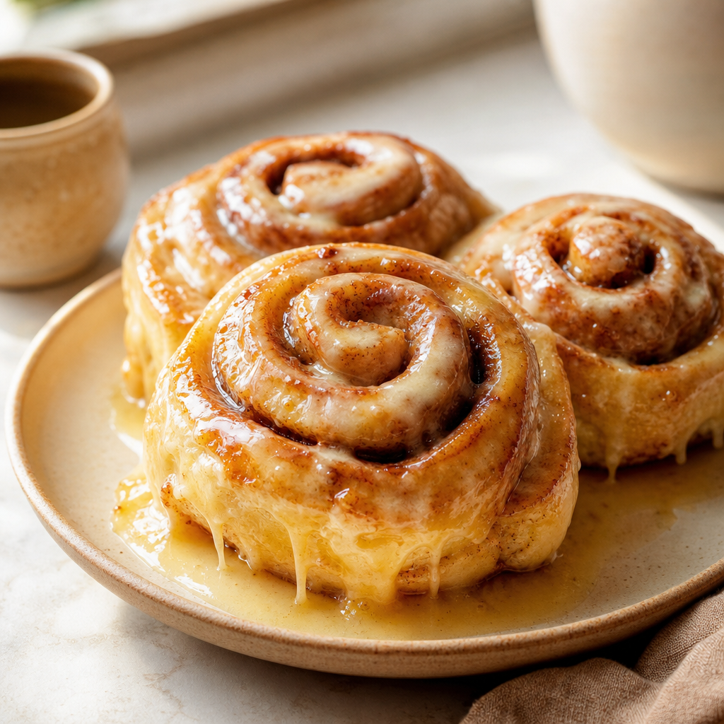 Close-up of glossy cinnamon rolls with vanilla glaze and a golden buttery swirl on a warm ceramic plate