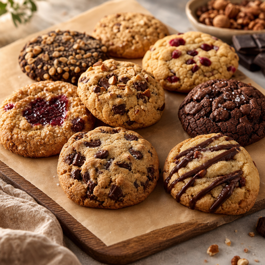 Assorted specialty cookies featuring chocolate chip, fruit-filled, and nut-studded varieties on a parchment-lined board
