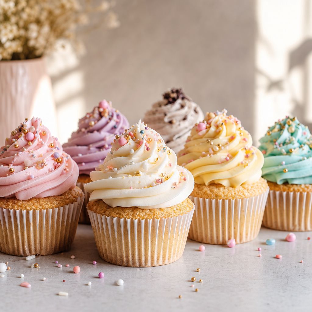 Row of fluffy cupcakes with swirled buttercream and colorful sprinkle details in soft window light