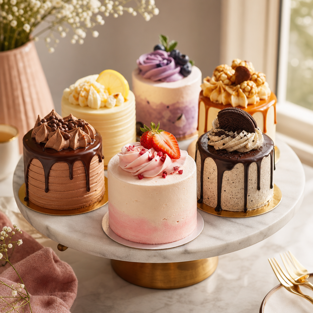 Individually decorated mini cakes with silky frosting and bold flavor accents on a marble cake stand