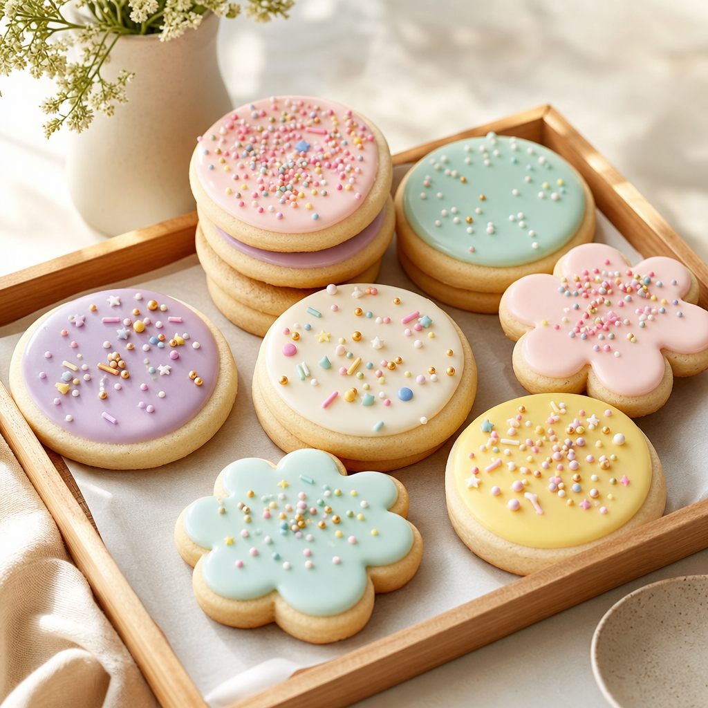 Thick frosted sugar cookies with pastel icing and playful sprinkles arranged on a light wood tray