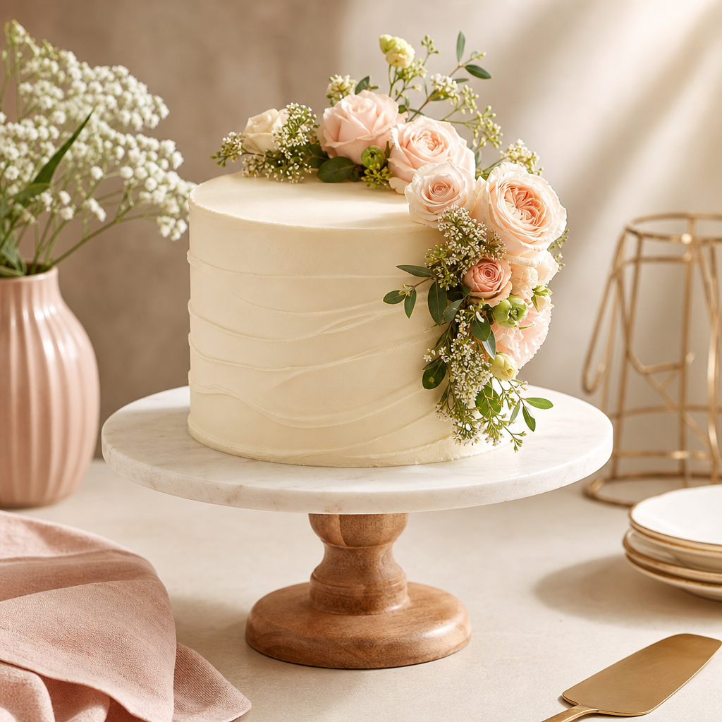 Elegant table cake with smooth buttercream and floral garnish displayed on a pedestal stand