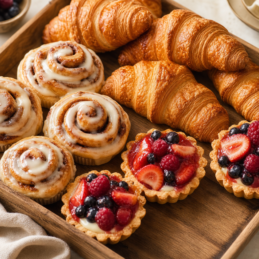 Assortment of flaky croissants, cinnamon rolls, and berry tarts on a wooden bakery tray