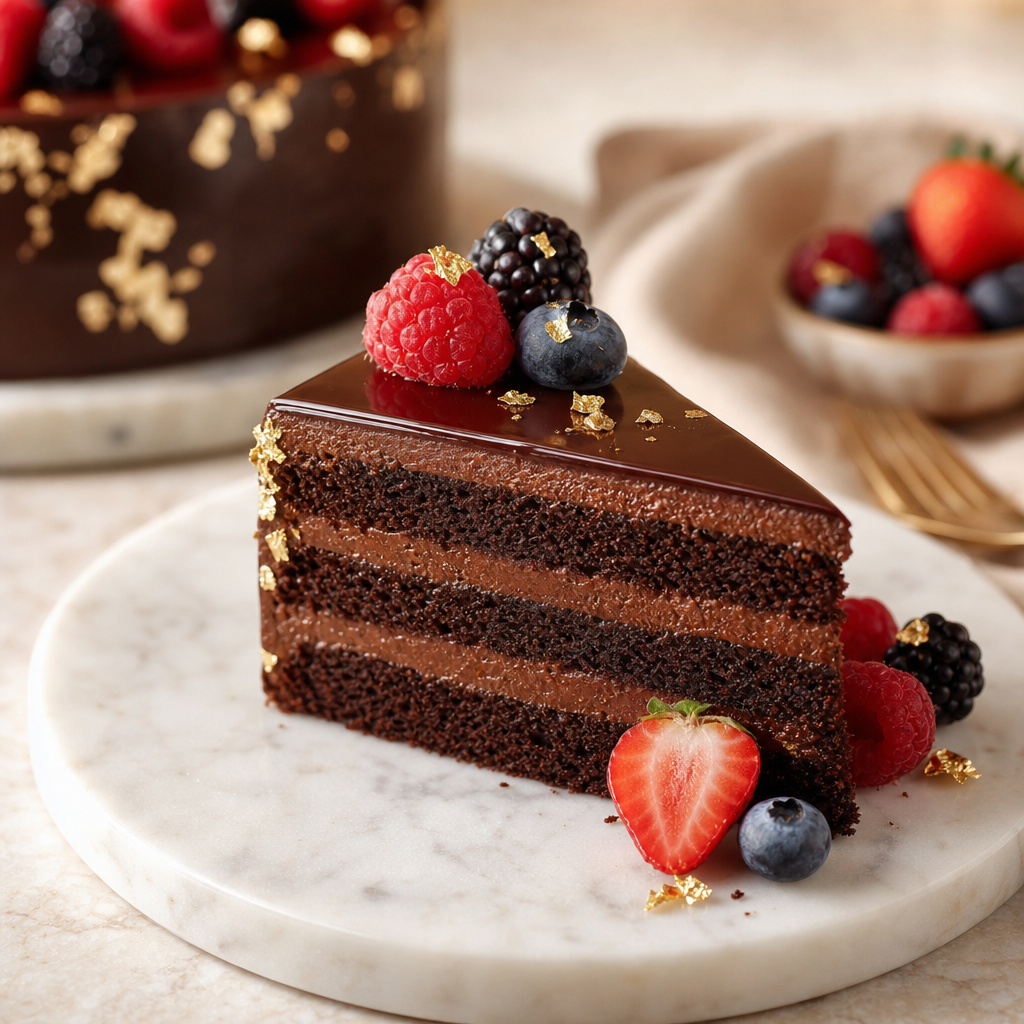 Elegant slice of chocolate layer cake with glossy ganache, fresh berries, and delicate gold flake accents on a marble plate