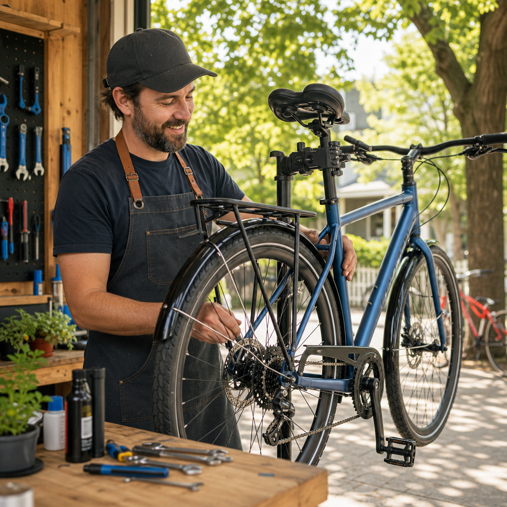 Friendly bicycle mechanic in an outdoor workshop adjusting a modern commuter bike