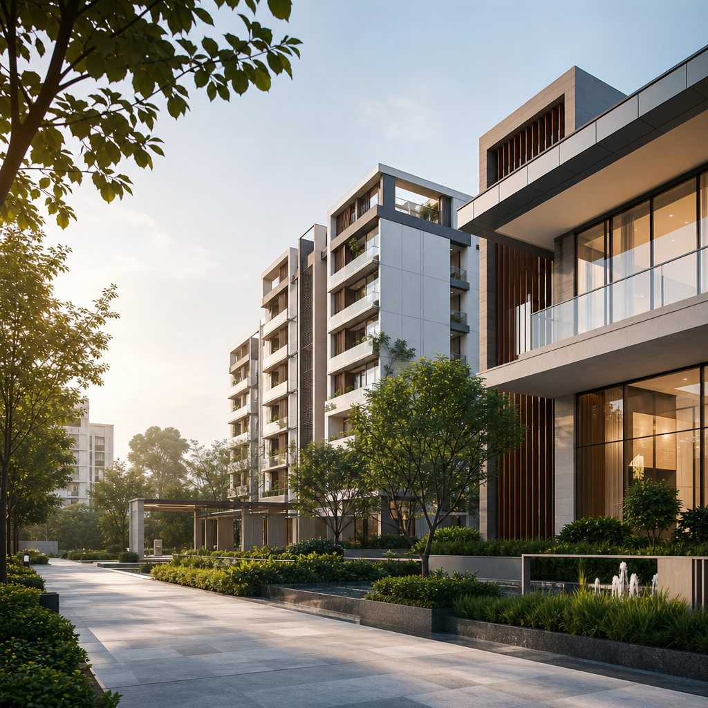 Premium mixed-use residential towers in India under bright daylight with clean modern lines and an upscale trustworthy atmosphere