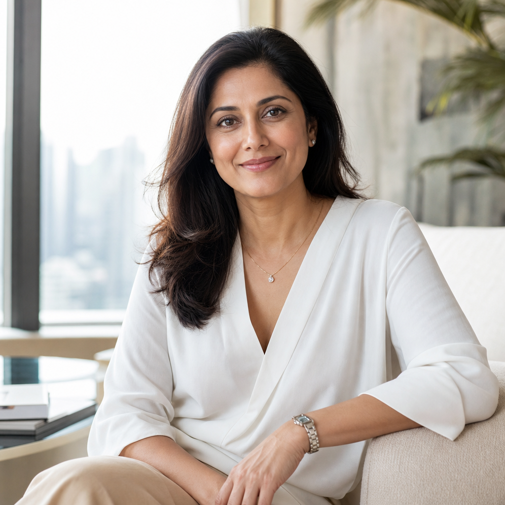Portrait of Farah Siddiqui, an NRI seller support client in an elegant neutral blouse with a warm assured expression