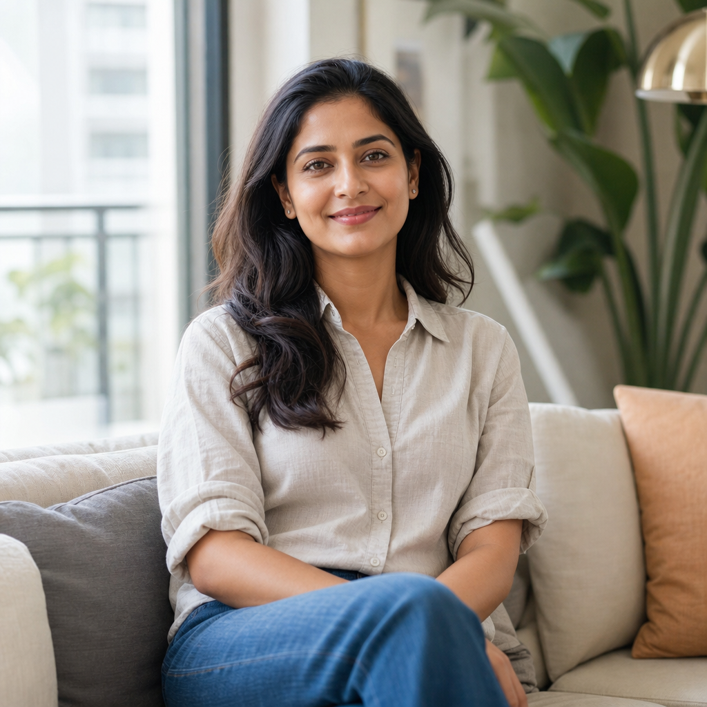 Portrait of Neha Mehta, a first-time home buyer in professional casual attire with a calm confident expression